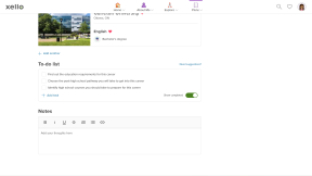 Student account in Xello. A student's plan is open with a focus on the To-do list. Items on the list include "Find out the edcuation requirements for this career"